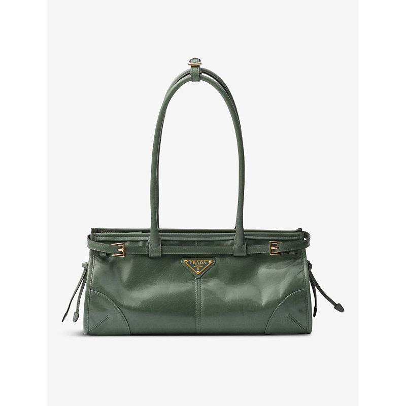 Prada Womens Green Brand-plaque Medium Leather Shoulder Bag In Gray