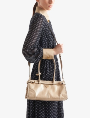 Shop Prada Brand-plaque Medium Leather Shoulder Bag In Neutral