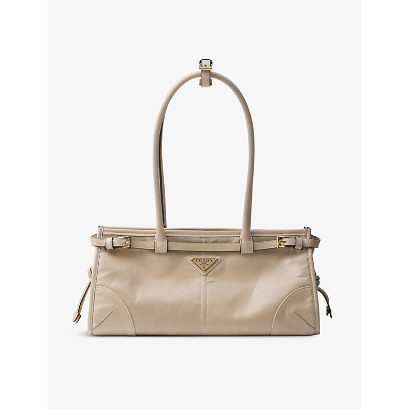 Prada Womens Neutral Brand-plaque Medium Leather Shoulder Bag