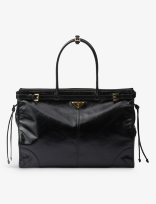 Shop Prada Brand-plaque Large Leather Shoulder Bag In Black