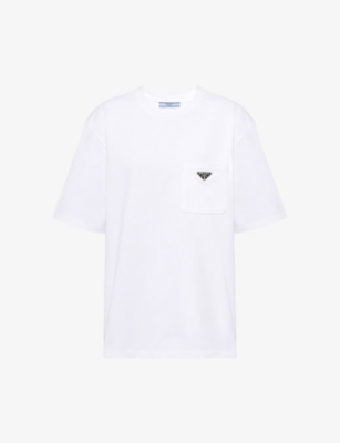 PRADA Logo plaque patch pocket cotton jersey T shirt Selfridges