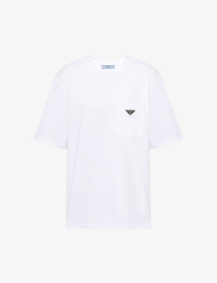 Shop Prada Logo-plaque Patch-pocket Cotton-jersey T-shirt In White