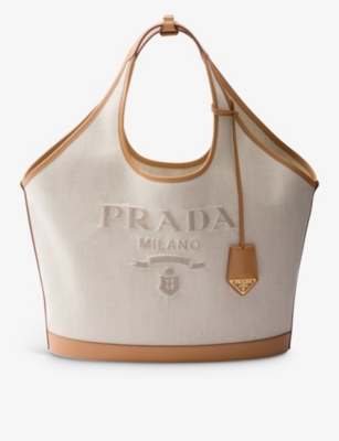 Prada Womens Neutral Logo-embossed Large Linen And Leather Tote Bag