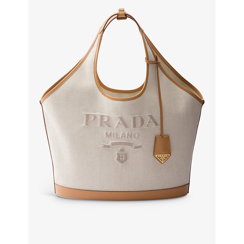 Prada Womens Neutral Logo-embossed Large Linen And Leather Tote Bag
