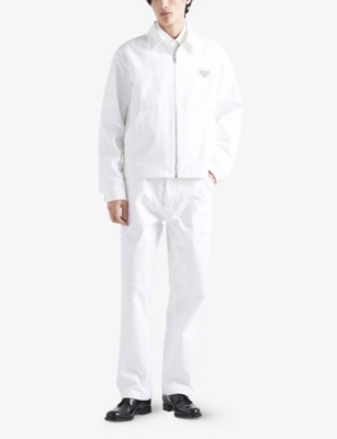 Shop Prada Brand-plaque Raw-treatment Boxy-fit Denim Blouson Jacket In White