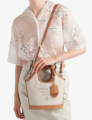 Shop Prada Logo-embossed Mini Linen And Leather Tote Bag In Neutral