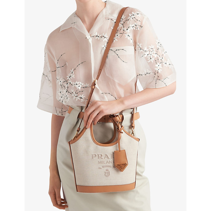 Shop Prada Logo-embossed Mini Linen And Leather Tote Bag In Neutral