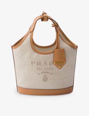 Prada Womens Neutral Logo-embossed Mini Linen And Leather Tote Bag