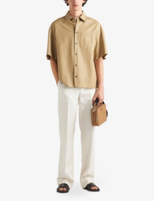Shop Prada Short-sleeved Spread-collar Boxy-fit Leather Shirt In Neutral