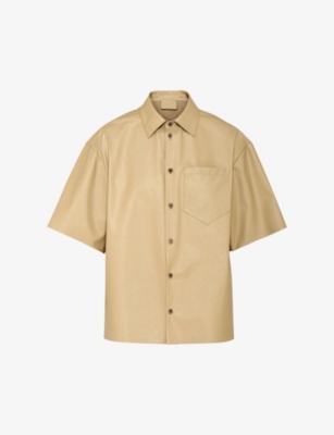 Shop Prada Short-sleeved Spread-collar Boxy-fit Leather Shirt In Neutral