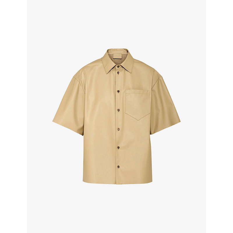 Shop Prada Short-sleeved Spread-collar Boxy-fit Leather Shirt In Neutral