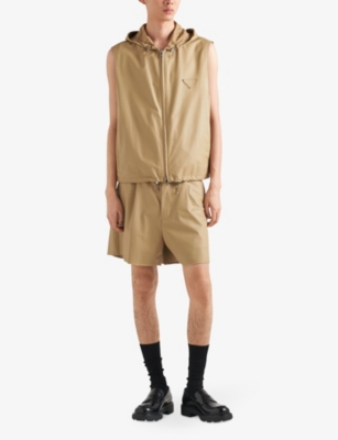 Shop Prada Sleeveless Boxy-fit Leather Hooded Vest In Neutral