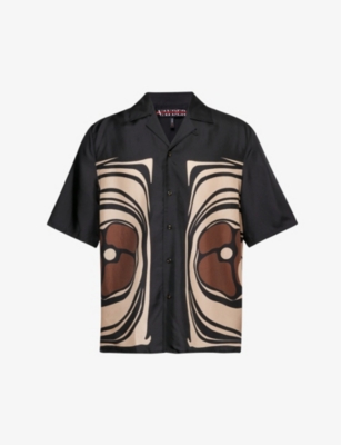 Vayder Mens Black Contemp Floral Montague Abstract-pattern Silk-blend Shirt