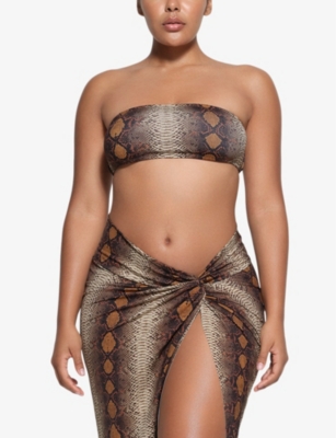 Shop Skims Signature Swim Bandeau Snake-print Stretch Recycled-nylon Bikini Top In Desert Snake Print