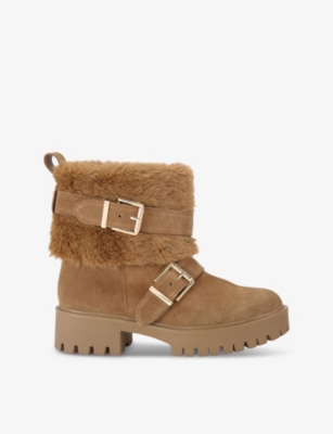 Carvela Womens Alpine Buckle-embellished Flat Suede Ankle Boots Ta In Tan