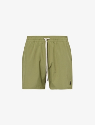 Shop Polo Ralph Lauren Traveller Logo-embroidered Stretch Recycled-polyester Swim Shorts In Tree Green