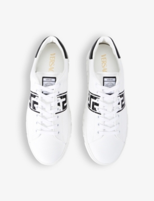 Shop Versace Men's White/blk Greca-pattern Faux-leather Low-top Trainers