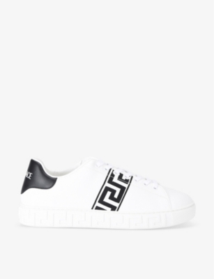 Shop Versace Men's White/blk Greca-pattern Faux-leather Low-top Trainers