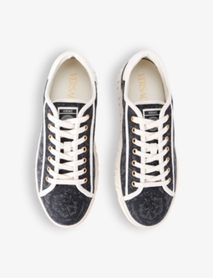Shop Versace Baroque Graphic-pattern Canvas Low-top Trainers In Navy