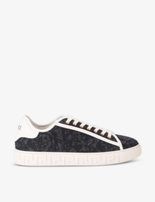 Shop Versace Baroque Graphic-pattern Canvas Low-top Trainers In Navy