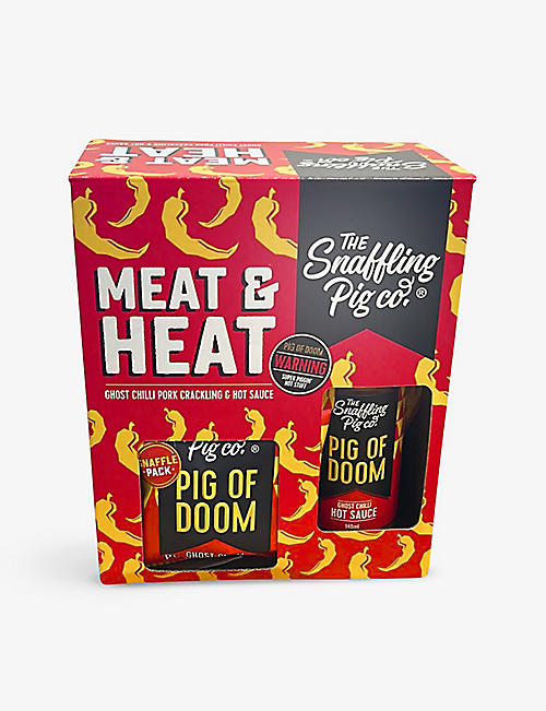 SNAFFLING PIG: Meat and Heat extra hot ghost chilli pork crackling and sauce gift set 815g