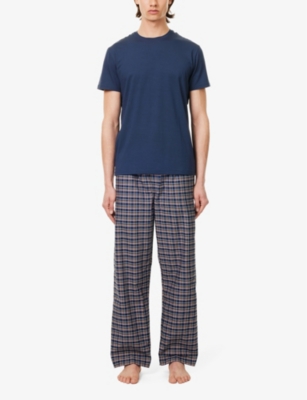 Shop Derek Rose Men's Navy Barker Checked Cotton Pyjama Trousers