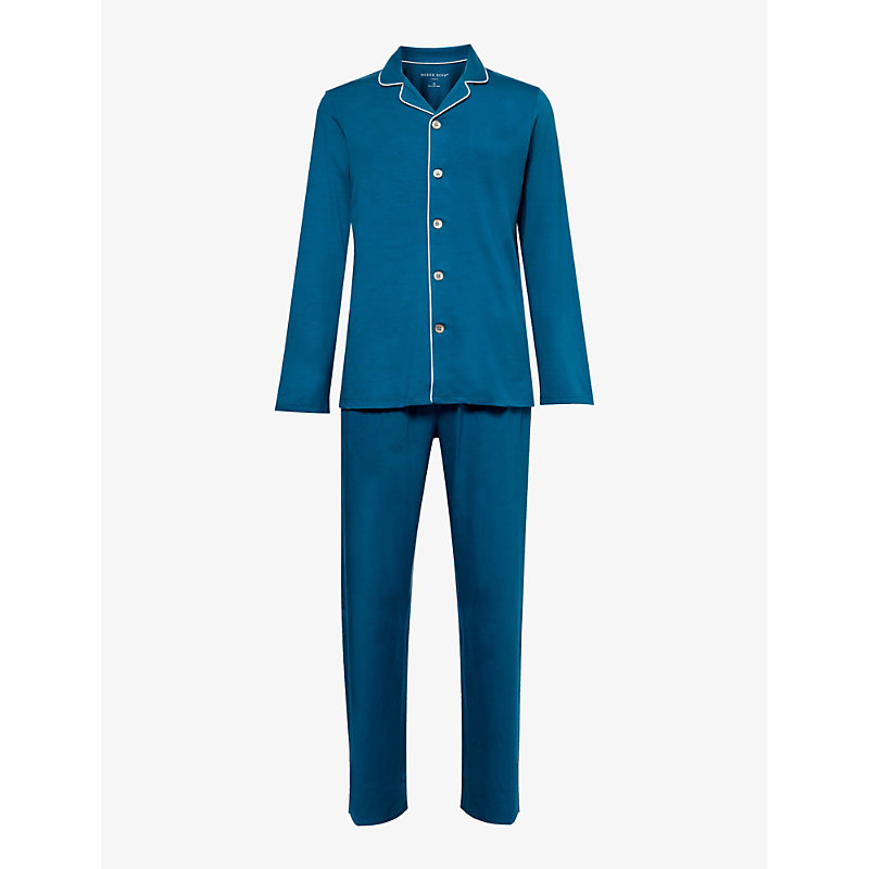 Shop Derek Rose Men's Blue Basel Relaxed-fit Stretch-jersey Pyjamas