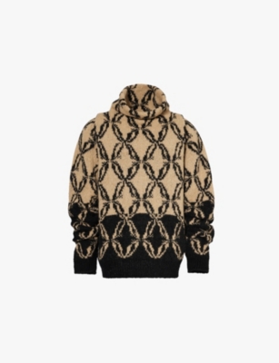 Shop Dries Van Noten Mens  Graphic-intarsia Funnel-neck Wool-blend Jumper In Natural