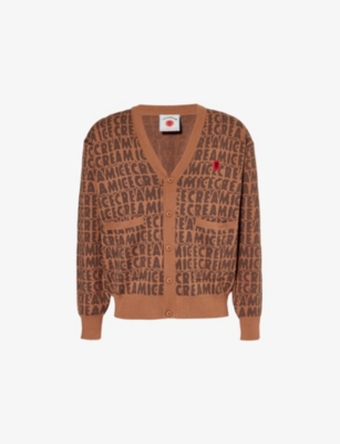 ICECREAM: Text-print V-neck cotton and wool-blend knitted cardigan