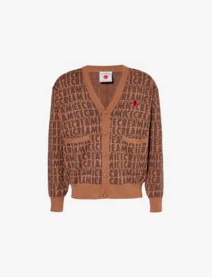 Shop Icecream Mens Text-print V-neck Cotton And Wool-blend Knitted Cardigan Brown