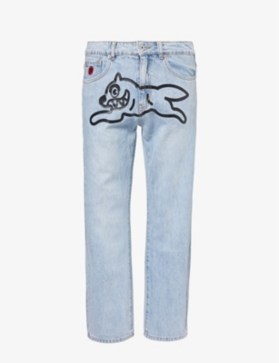 Shop Icecream Men's Light Blue Black Running Dog Graphic-print Straight-leg Regular-fit Jeans