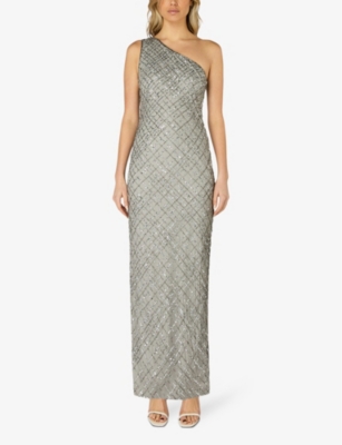 Ro&zo Asymmetric Beaded And Sequin Woven Maxi Dress In Grey
