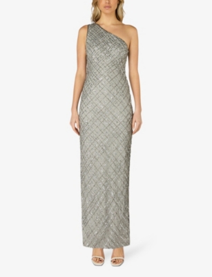 Shop Ro&zo Asymmetric Beaded And Sequin Woven Maxi Dress In Grey