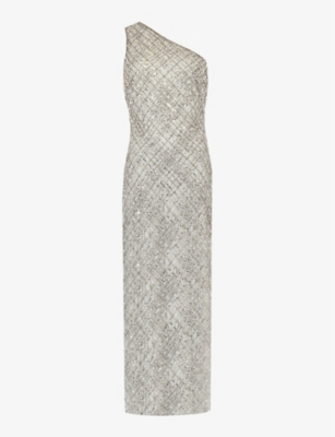 Shop Ro&zo Asymmetric Beaded And Sequin Woven Maxi Dress In Grey