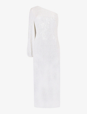 Shop Ro&zo Women's White Selena Sequin-embellished One-shoulder Stretch-woven Midi Dress