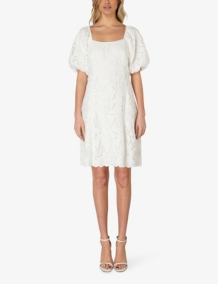 Shop Ro&zo Women's White Square-neck Puff-sleeve Lace Woven Mini Dress