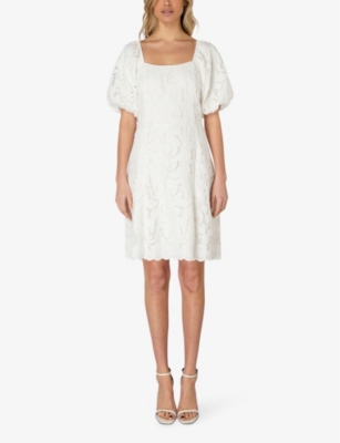 RO&ZO: Square-neck puff-sleeve lace woven mini dress