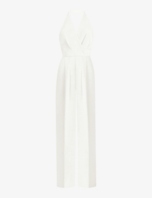Shop Ro&zo Wide-leg Halter-neck Stretch-woven Jumpsuit In White