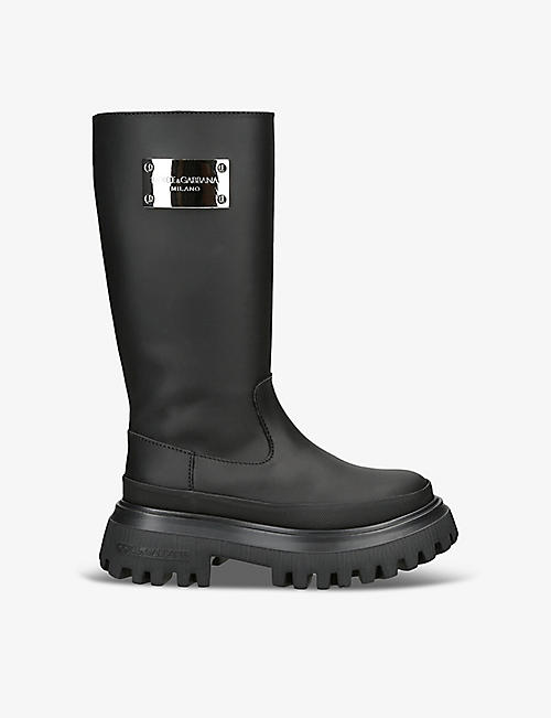 DOLCE & GABBANA: Kids' logo-plaque chunky-sole leather-blend knee-high boots