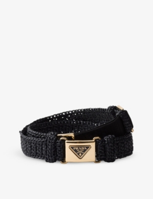 Prada Womens Black Triangle-buckle Raffia-effect Woven Belt