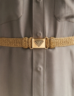 Shop Prada Womens Green Triangle-buckle Raffia-effect Woven Belt