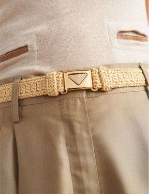 Shop Prada Womens Neutral Triangle-buckle Raffia-effect Woven Belt