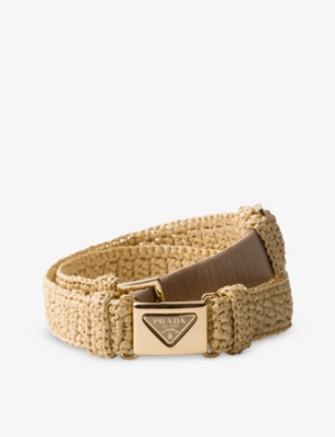 Shop Prada Womens Neutral Triangle-buckle Raffia-effect Woven Belt