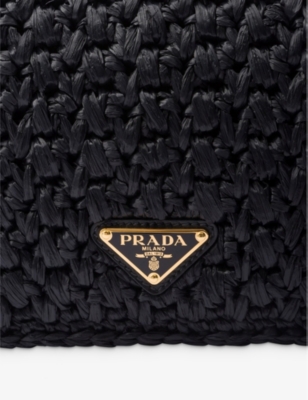 Prada Womens Black Logo-plaque Raffia-effect Woven Shoulder Bag In Black
