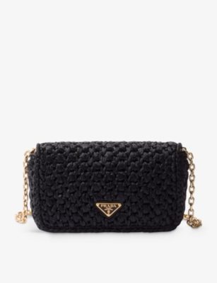 Prada Womens Black Logo-plaque Raffia-effect Woven Shoulder Bag