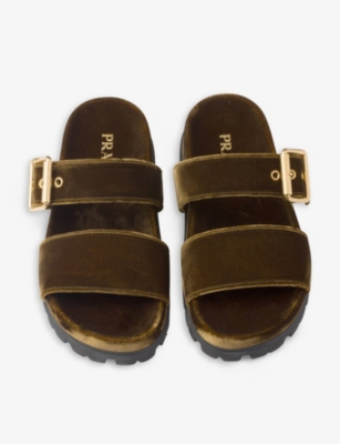 PRADA: Brand-plaque buckled velvet sliders