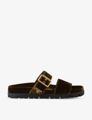 Shop Prada Brand-plaque Buckled Velvet Sliders In Brown