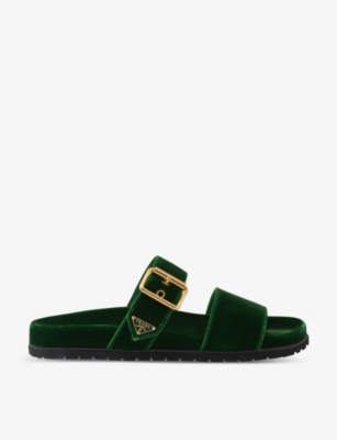 Prada Womens Green Brand-plaque Buckled Velvet Sliders