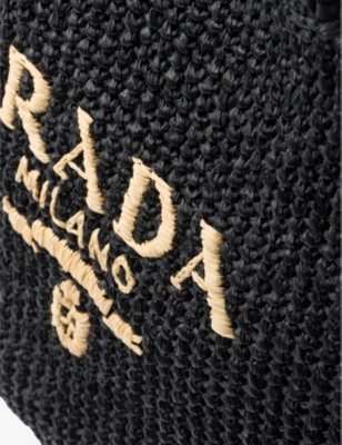 Prada Womens Black Triangle-plaque Embroidered-jacquard Medium Woven Tote Bag In Black