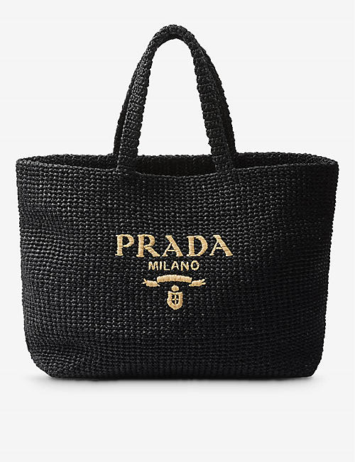 PRADA: Logo-embroidered woven tote bag